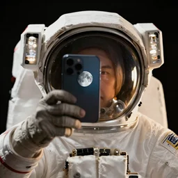 extremely detailed studio portrait of space astronaut taking a selfie, holds a smart phone in one hand, phone!! held up to visor, reflection of phone in visor, moon, extreme close shot, soft light, golden glow, award winning photo by jimmy nelson