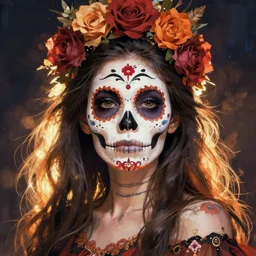 Illustration of a sugar skull day of the dead girl, art by tsuguharu fujita