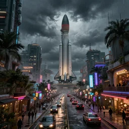 a futuristic mexican colony, blade runner 2 0 4 9 city architecture, spacex starship rocket launch site, environmental lighting, stormy weather, ray tracing, people walking on street, amazing view, highly detailed, heavy traffic, neon shops, octane render, unreal engine 5, 4 k