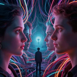 faces, neon, they are watching, RGB, glowing wires everywhere, pristine, by Edgar Maxence and Ross Tran, Zdzisław Beksiński, and Michael Whelan, distant, gustav dore, H.R. Giger, 8k, octane render