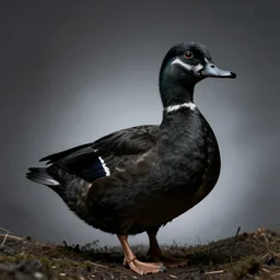 black metal duck with corpse paint, studio photography