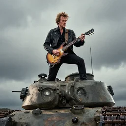 peter capaldi doctor who playing an electric guitar on top of a tank