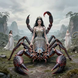 portrait of a scorpion goddess, full body shot, rule of thirds, wide angle, amazing landscape in background, fantasy, whimsical, horror, art by chengwei pan and josephine wall and amanda sage, intricately detailed, highly detailed, luxurious, elegant, clean, unsettling, trending on artstation