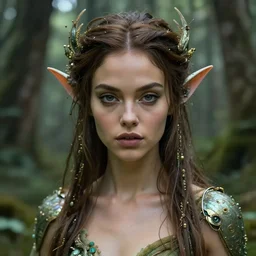 a cyborg forest nymph, ana de armas, flawless symmetrical pretty cute face, greg rutkowski, 8 k, shallow depth of field, intricate detail, concept art,
