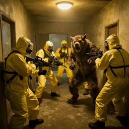 1 9 9 0 s found footage, a group of men in hazmat suits and weapons exploring backrooms, yellow light, beast encounter attack
