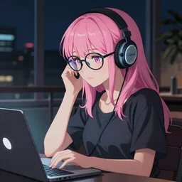 beautiful girl with pink hair and glasses, working on her laptop, listening to music, night time, sharp focus, intricate, digital painting, artstation, official media, anime key visual, highly detailed, rich vivid colors ambient lighting, illustration, art by Artgerm, Makoto Shinkai, Ilya Kuvshinov, Lois Van Baarle and Rossdraws