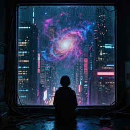 lonely cyber person made of cosmic nebula galaxy energy watching a rainy colorful complex busy cyberpunk futuristic city from behind at night through a window in a room full of wires and shadows, 8 k, photorealistic, concept art, wet, highly detailed, cinematic mood by ridley scott, ghost in the shell, rendered in octane, akira, trending on artstation, glowing lights, gloomy, epic composition