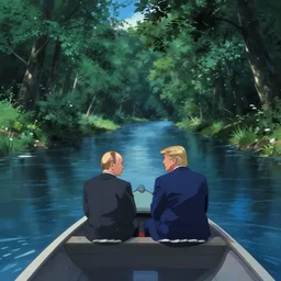 putin and trump, sitting next to each other, facing the river in one single boat. atmospheric lighting, long shot, romantic, putin and trump are the focus, trees, blue water, narrow river, close river bank, shady. anime. by makoto shinkai, stanley artgerm lau, wlop, rossdraws, james jean, andrei riabovitchev, marc simonetti, krenz cushart, sakimichan, d & d trending on artstation, digital art.