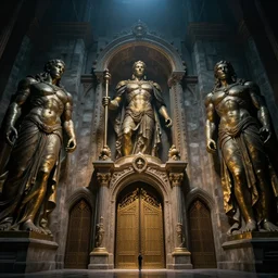 the gates of argonath, architectural masterpiece, dramatic lighting, colossal statues, by greg rutkowski, artgerm, ross tran, conrad roset, takato yomamoto. 4 k, beautiful, cinematic dramatic atmosphere