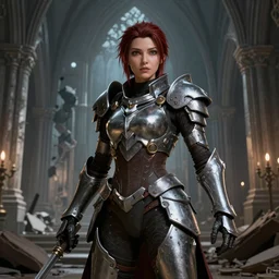 hyper detailed ultra sharp full body character portrait of a woman wearing hextech armor standing in a destroyed church, in the style of arcane tv show, action pose, cinematic lighting, good value control, realistic face details, realistically proportioned face, realistically rendered eyes, photorealistic eyes, smooth, 3 d cgi, cgi animation, cgi anime, backface culling, realistic shading, john singer sargent, studio fortiche