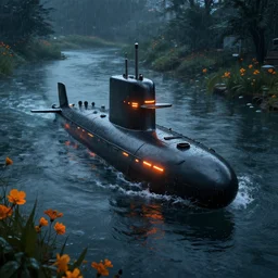 a submarine with orange led glow stripes, wandering in the river, asia, cyberpunk, japan, land, rain, dark, lostus flowers, octance render, artstaion