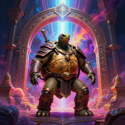 anthropomorphic turtle warrior at an ancient portal, [ palate ] [ vibrant gothic colors ], vibrant neon nebulous clouds, radiant light rays, photorealistic painting, intricate and symmetrical fine details, volumetric lighting, artstation, octane render, unreal engine