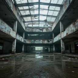 abandoned mall, under water, muted lighting
