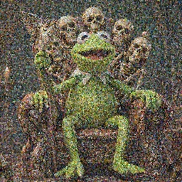 Kermit the Frog, sitting on a throne of skeletons, a pike in his hand with the head of Gonzo. digital art, trending on DeviantArt, highly detailed, high quality, 8K HDR, octane render, unreal engine 5, raytracing, cinematic lighting, concept art, dramatic environment, hyperrealistic