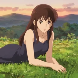 anime art full body portrait character concept art, anime key visual of elegant young female, brown hair straight bangs and large eyes, finely detailed perfect face delicate features directed gaze, laying down and touching grass at sunset in a valley, trending on pixiv fanbox, studio ghibli, extremely high quality artwork