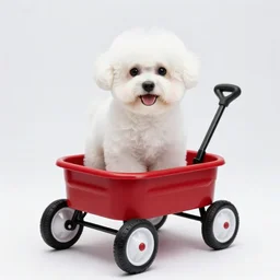 a photorealistic photograph of a smiling white Bichon Frisé puppy riding alone in little red wagon, overflowing french fries during sunset at the beach Trending on Artstation, featured on Behance, well-rendered, Unreal Engine, 4K HD
