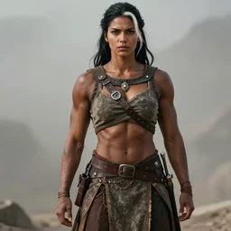 realistic photograph. black hair single streak in hair over left ear bleached white. imposingly tall, broadshouldered, jacked muscular woman. half black half arab. dark skin. face like kendall jenner, dark complexion. modest practical medieval ranger clothing. fully dressed. massively jacked physique, swole. in her 3 0's. ranger. female. clothed. streak in hair. built
