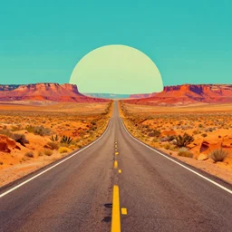 Utah desert Highway, retro, desert highway, retro colors, bold colors, drawn by Arthur Adams, 8k, digital art, artstation
