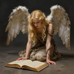 a blond angel with wings made from twigs is kneeling down on the floor, looking desperately at some thick open books, fantasy painting, hyper realistic, highly detailed, sharp focus, artstation