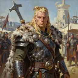 A mixed media painting of a blonde barbarian, very aesthetic, fur armor, detailed face and eyes, by Frank Frazetta, Greg Rutkowski, Beeple, Yoko Taro, Christian MacNevin, epic fantasy character art, viking runes, high fantasy, CGsociety, full length, exquisite detail, post-processing, masterpiece, cinematic, roman festival backdrop