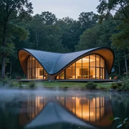 curved roof planes lift and descend creating shade and architectural expression, house, highly detailed, situated in the forest, next to a highly reflective lake, at dusk, vivid color, 4 k photography, mist, architecture luxury