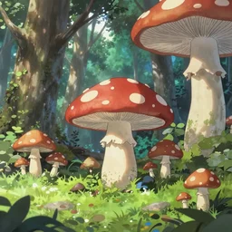 anime style, mushroom forest landscape, daytime