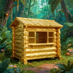 golden log cabin in a vaporwave jungle, 4k, ultra realistic, award winning Photograph
