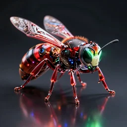 an extremely high quality render of a cybernetic futuristic looking wasp with red, green, and blue lights, an ambient occlusion render by cedric seaut and keos masons, highly polised, reflective surfaced, machine - like, highly reflective, caustics, leds, dramatic lighting, 8 k, cyborg, glowing eyes, cgsociety, generative art, rendered in cinema 4 d