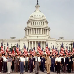 a large group of people holding flags in front of the U.S. Capitol, a colorized photo by James Montgomery Flagg, unsplash contest winner, viennese actionism, associated press photo, american propaganda, 1920s