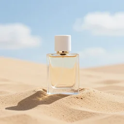 bright perfume bottle sitting on a small mountain of clean desert sand, close up shot, upfront, with sunny bright blue sky and clouds in the background, softly - lit, soft - warm, zen, light, modern minimalist f 2 0 clean