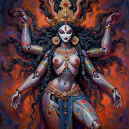 full body front view of a beautiful biomechanical goddess kali, flowing hair, intense stare, sweet evil smile, concept art, intricate detail, volumetric shadows and lighting, psychedelic colors, realistic oil painting by gustave dore,