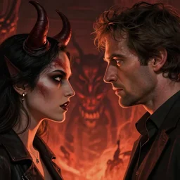 cinematic artwork close up of Jordan Peterson confronting Satan in hell by Greg Rutkowski, 4k, masterpiece