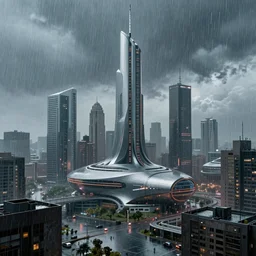futuristic city in the rain by syd mead