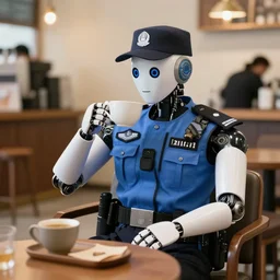 a robotic police officer drinking tea in a coffee shop sitting down relaxed, professional photography