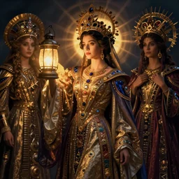 queen of the twilight with her lantern and regalia, by Annie Swynnerton and Nicholas Roerich and jean delville, dramatic cinematic lighting , ornate headdress , flowing robes, lost civilizations, extremely detailed