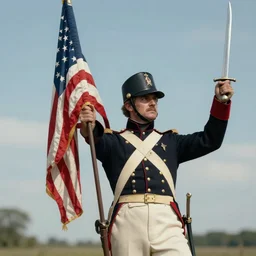 an army officer from the American Civil War carrying the flag in one hand and a saber raised high in the other hand, hyper realistic, super detailed, 4k, HDR, mindblowing