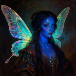 a baroque neoclassicist close - up portrait of a colorful retrofuturistic blacklight uv silhouette of an alien fairy god with iridescent wings. glowing fog in the background. renaissance portrait painting. highly detailed science fiction painting by norman rockwell, frank frazetta, and syd mead. rich colors, high contrast, gloomy atmosphere, dark background. trending on artstation