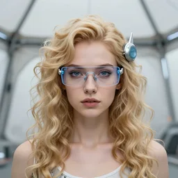 vertical photo of native polish female in futuristic tent, blonde, curly hair, symmetrical beautiful face, cyberpunk glasses, cyberpunk decorations and jewelry, native costume, standing in the primitive tent, fashion editorial photography, hyperrealistic, from vogue magazine, reflections, refraction, gold, teal, orange