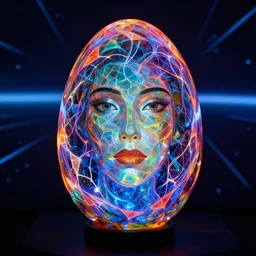 portrait of a plasma energy tron murano candy glass egg designed by david chihuly and hr giger. made up of glowing swirling electric polygons. tron - world background. photo still by annie liebowitz