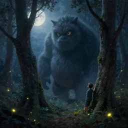 a small boy leaning on a tree encounters a giant furry one - eyed monster in a misty moonlit forest, painting by peter mohrbacher. surrounded by fireflies, cinematic lighting, trending on cgsociety