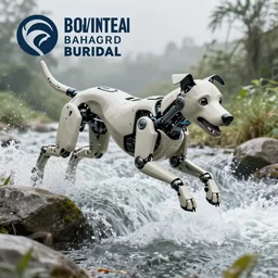 robotic dynamic dog leaps over a raging river, photo, close up, award wining, highly detailed, global illumination,