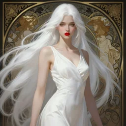 tall girl, white hair, white dress, red lips, long hair, deep focus, d & d, fantasy, sophisticated, elegant, high detail, digital painting, artstation, concept art, matte, clear focus, illustration, hearthstone, works by artgerm, greg rutkowski and alphonse mucha