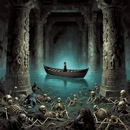 underground city : : focal point only one woman in one boat alone : : by frank miller : : floating on the river styx : : craig mullins : : enormous monolithic carved pillars : : surrounded by zombies skeletons laying below, style by simon bisley, ismail inceoglu, wadim kashin, filip hodas, benedick bana, and andrew atroshenko