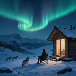 person sitting in a chair outside a cabin on top of a mountain during winter, during nighttime with wolves in the distance and clear sky with stars and aurora visible, concept art, 4k, artstation