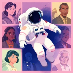 astronaut wearing headphones floating in space, pixiv fanbox, dramatic lighting, maximalist pastel color palette, splatter paint, pixar and disney concept, graphic novel by fiona staples and dustin nguyen, peter elson, alan bean, wangechi mutu, clean cel shaded vector art, on artstation