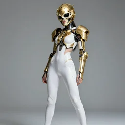 fashionable cyberpunk female portrait. wearing white hyperdetailed futuristic seamless leggingss. golden surreal helmet made of bones. solarpunk. sigma art 1 0 5 mm f 2. 8. hyper realistic vfx simulation. fashion ad