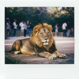 photograph of a polaroid of a lion loose at the san diego zoo, tourists in background, bokeh, high definition, slr, golden hour, realistic skin