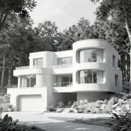 mansion in the forest, concept art, daylight, monotone walls, curved walls design, garage, multi store building, huge building, big windows, photorealistic, modern architecture, pinterest, render, unreal engine, exterior