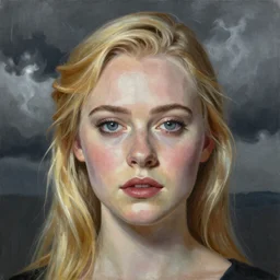 professional painting of Elle Fanning in the style of Victor Nizovtsev, head and shoulders portrait, symmetrical facial features, smooth, sharp focus, illustration, intricate, stormy weather, extremely detailed masterpiece,
