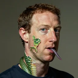 portrait of a mark zuckerberg, skin peeling to reveal green! scales!, forked snake tongue sticking out, art by ryo shiotani and greg rutkowski, intricate, beautiful, portrait photography cinematic lighting, vintage art by serge ivanoff, high resolution, very detailed